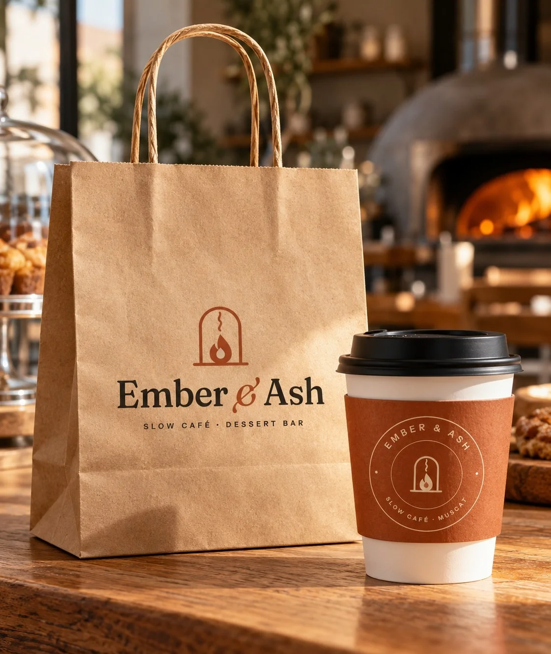Ember and Ash kraft bag and takeaway cup with the terracotta seal sleeve on an oak counter, oven glowing behind (AI mockup)