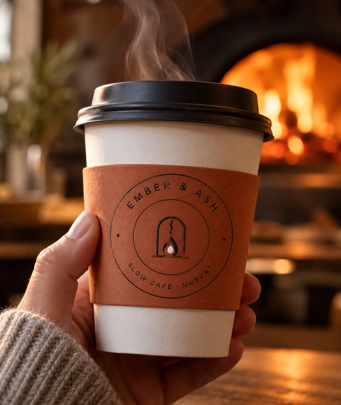 A hand holding the Ember and Ash cup, steam rising, wood-fired oven glowing behind (AI mockup)