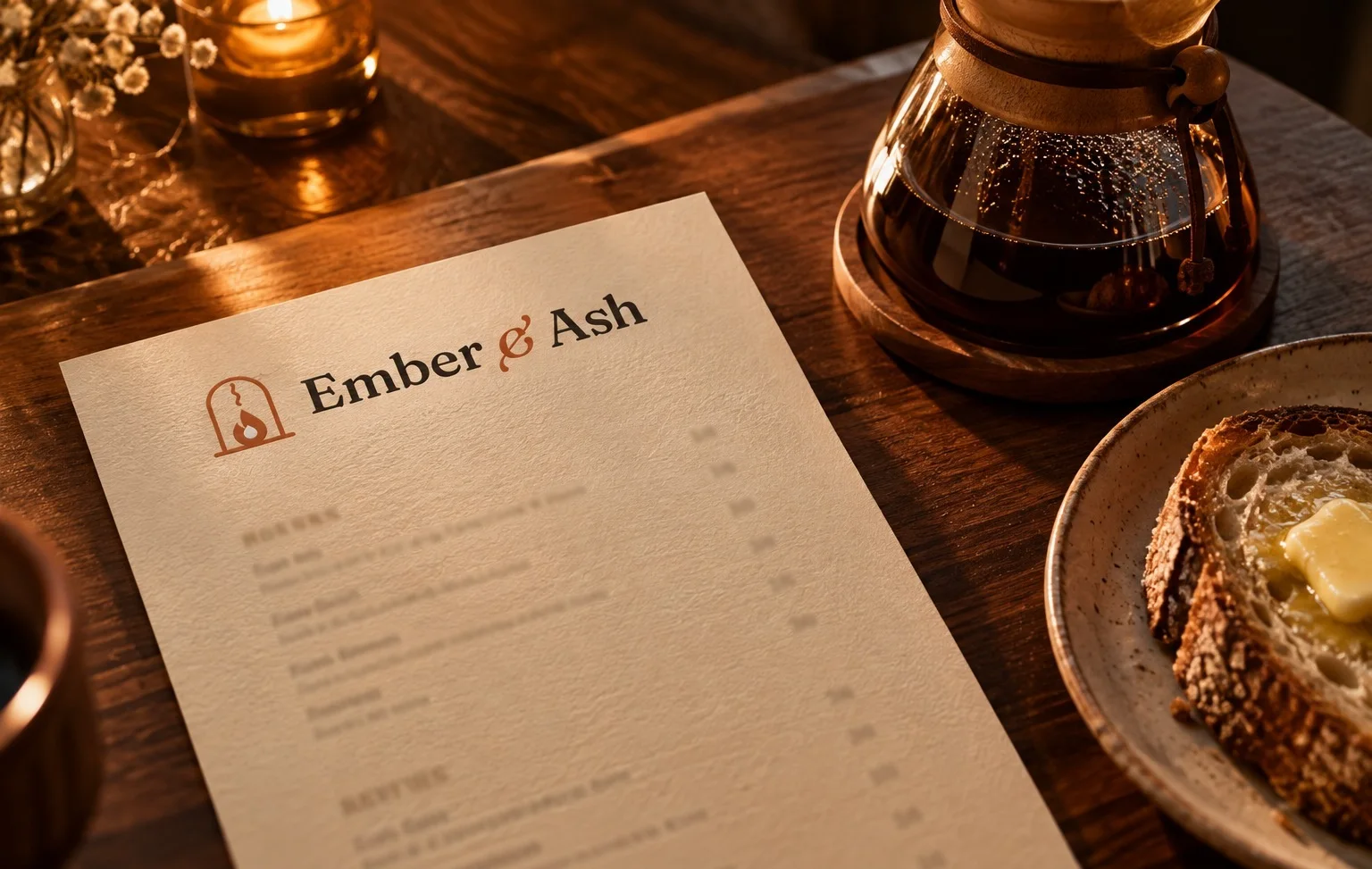 Ember and Ash menu card on a walnut table beside a pour-over and buttered sourdough (AI mockup)