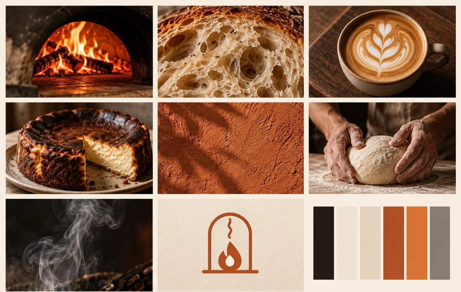 Ember and Ash mood board: oven fire, sourdough crumb, latte, basque cheesecake, terracotta wall, hands and dough, smoke, the hearth icon and the palette (AI mockup)
