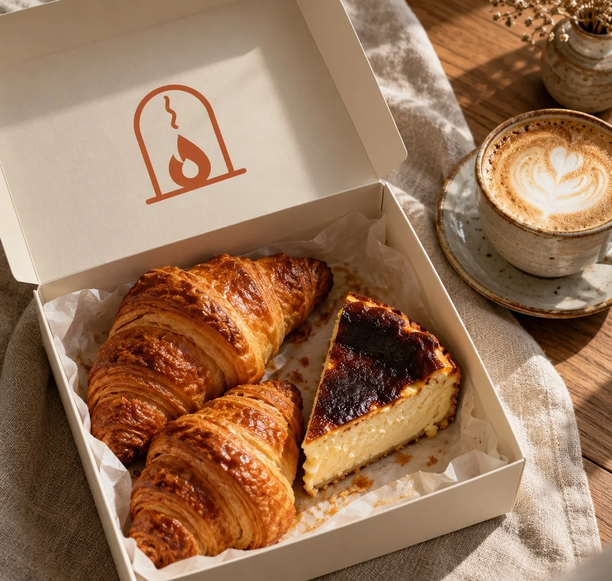 Open cream pastry box with the hearth icon, croissants and basque cheesecake, a cappuccino beside it (AI mockup)
