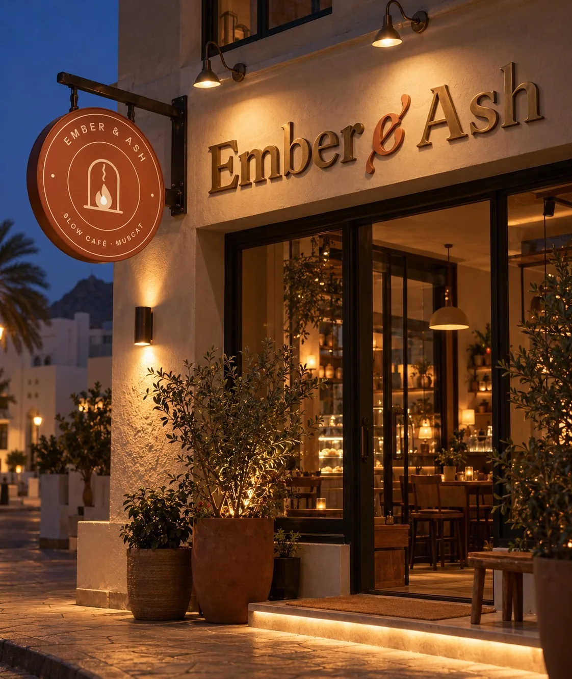 Ember and Ash shopfront at blue hour: brass lettering and a round terracotta blade sign (AI mockup)