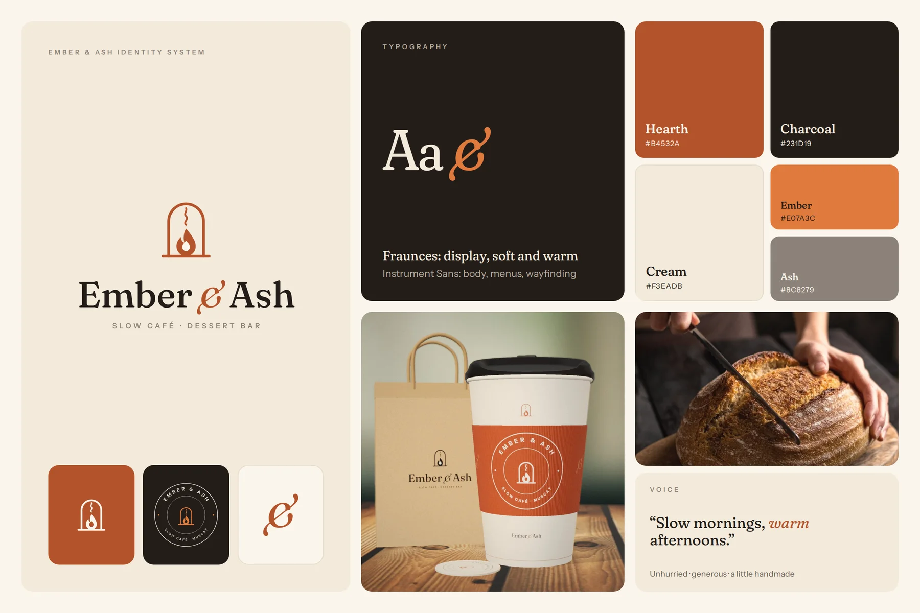 Identity board with logo, palette, typography and voice