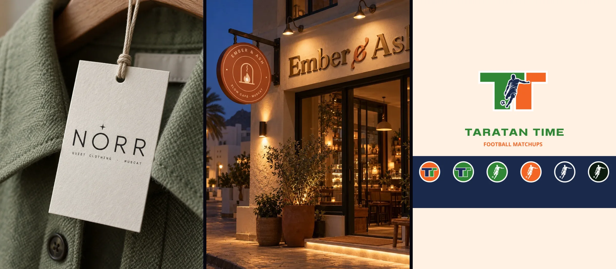 Three logos in use: the Norr wordmark on a hang tag, the Ember and Ash seal and lettering on a shopfront, and the Taratan Time TT mark with its app icons (concept mockups made with AI image tools)