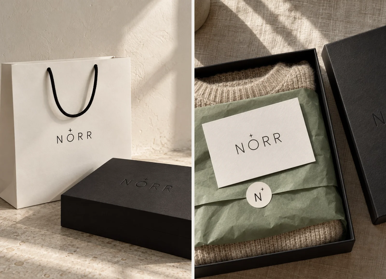 Norr packaging: bone bag and black rigid box, and the unboxing with sage tissue and star seal (concept mockup made with AI image tools)