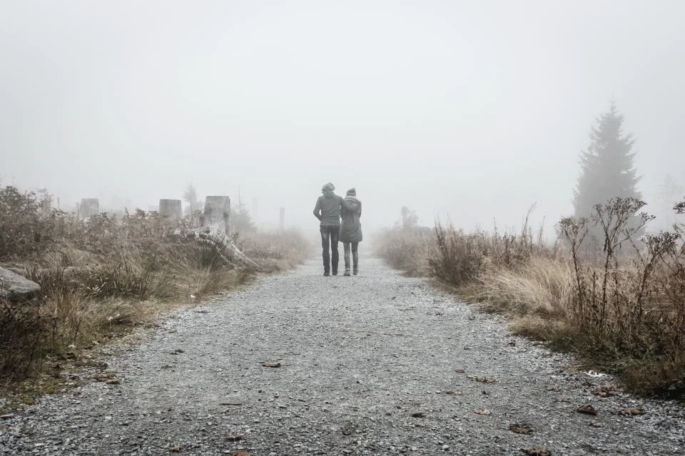 Two people walking down a misty road
