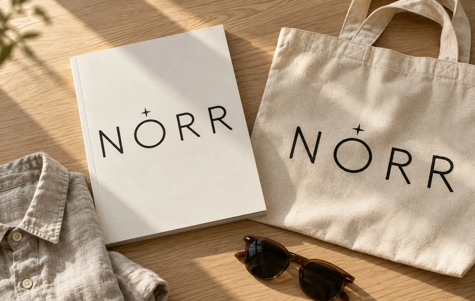 Norr lookbook and canvas tote with the wordmark, a linen shirt and sunglasses (AI mockup)