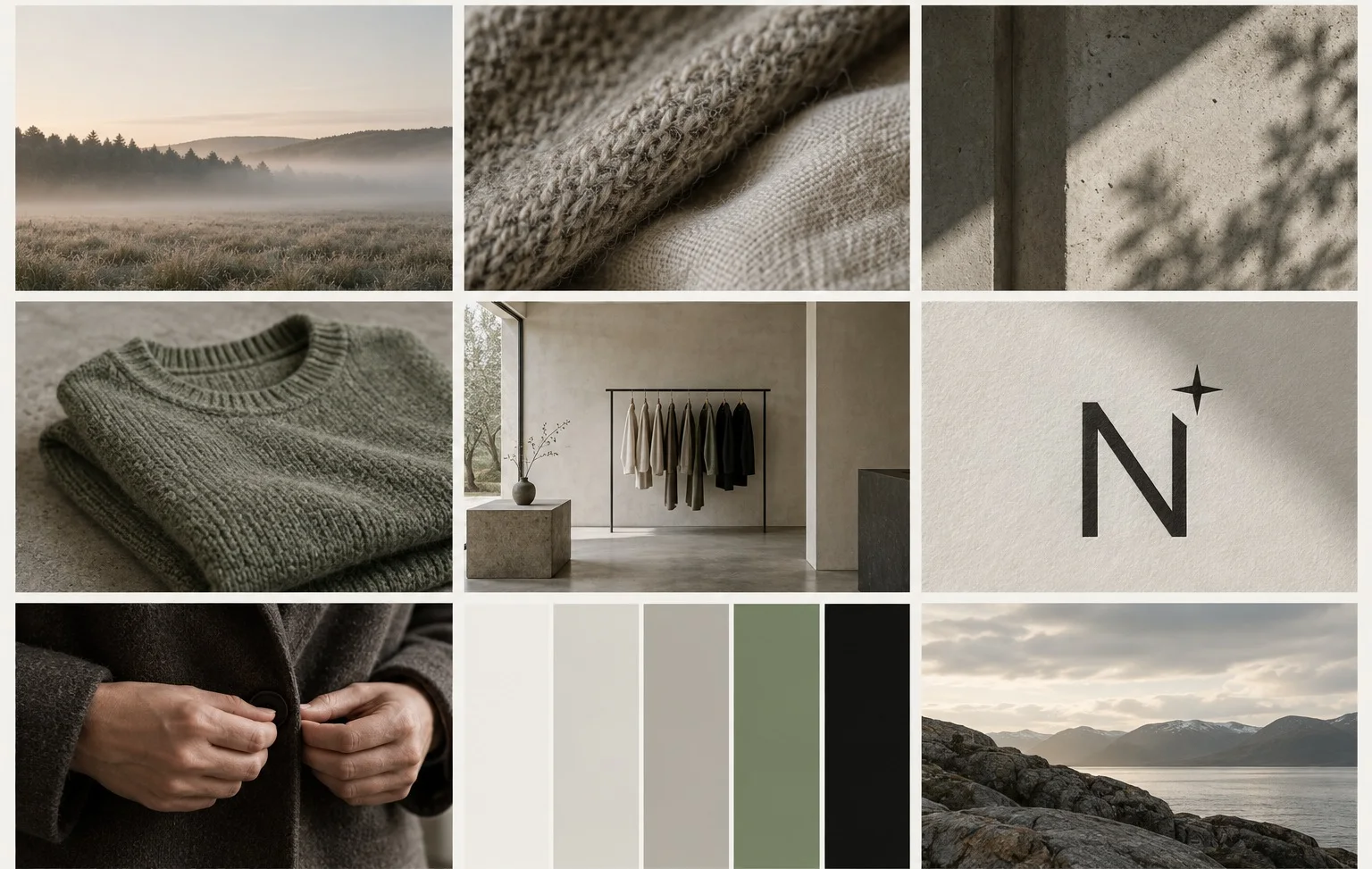 Norr mood board: fog, wool and linen texture, concrete light, a sage knit, a single-rail shop, the north-star icon and the five-colour palette (AI mockup)