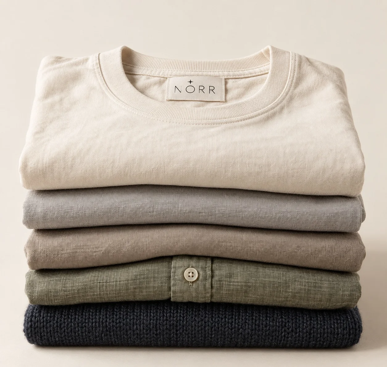 Folded Norr tees, linen shirt and knit in the five colours, woven neck label on top (AI mockup)