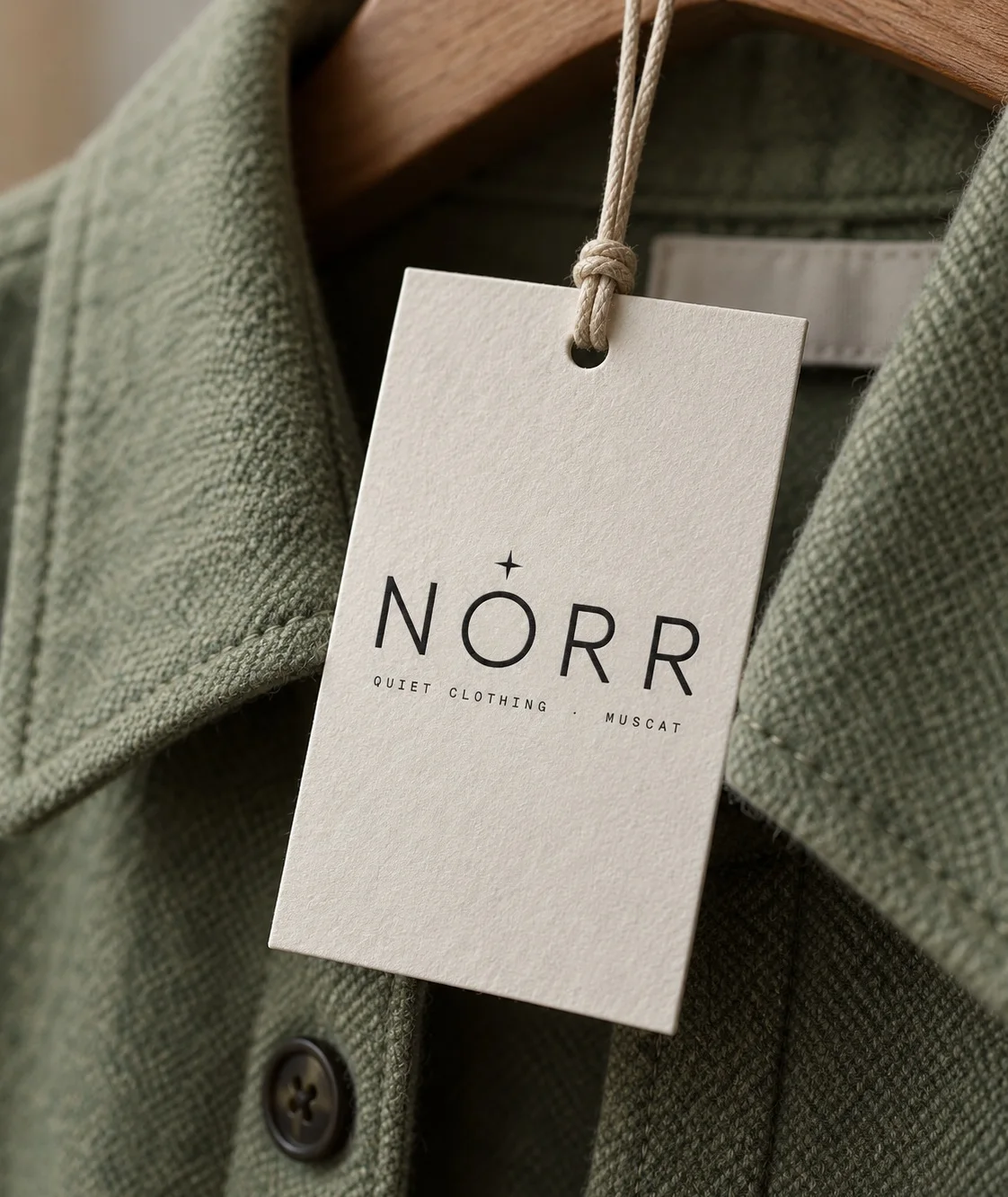 Norr hang tag on a sage wool overshirt (AI mockup)