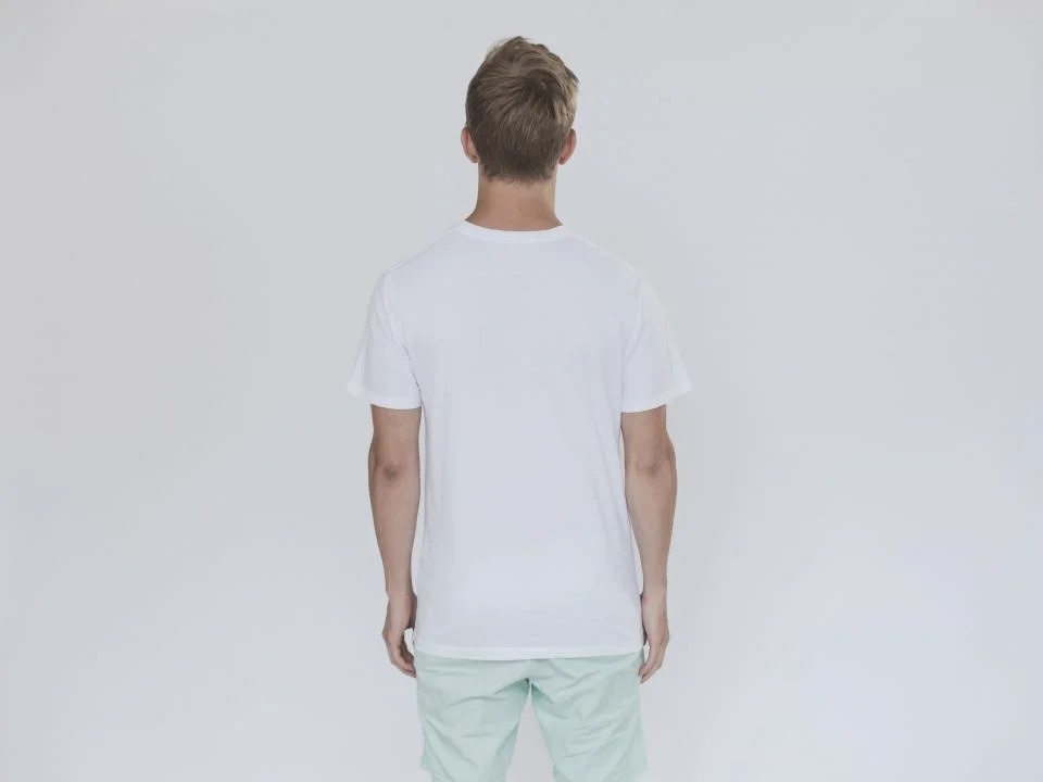 Heavy white cotton t-shirt seen from the back