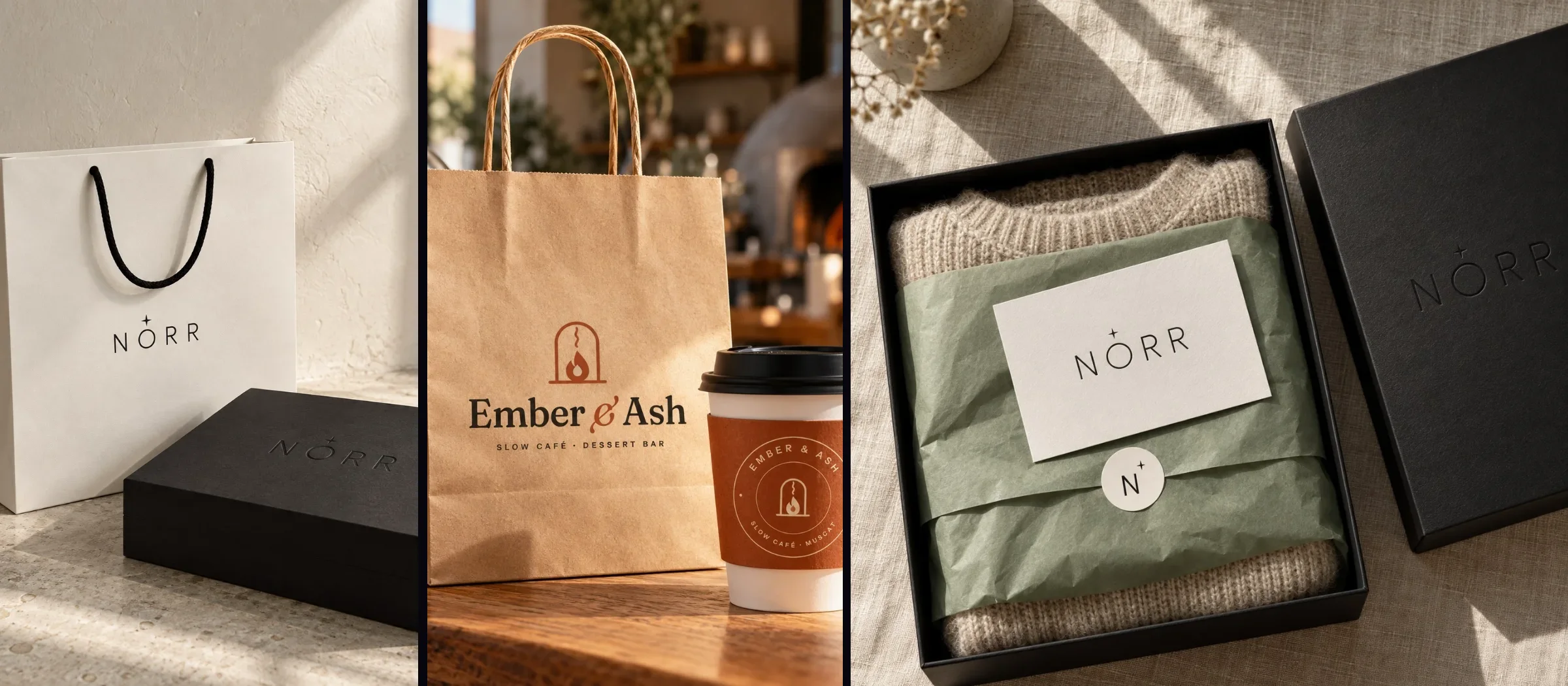 Packaging for two concept brands: Norr bag and rigid box, Ember and Ash kraft bag and cup sleeve, and the Norr unboxing with sage tissue and star seal (concept mockups made with AI image tools)