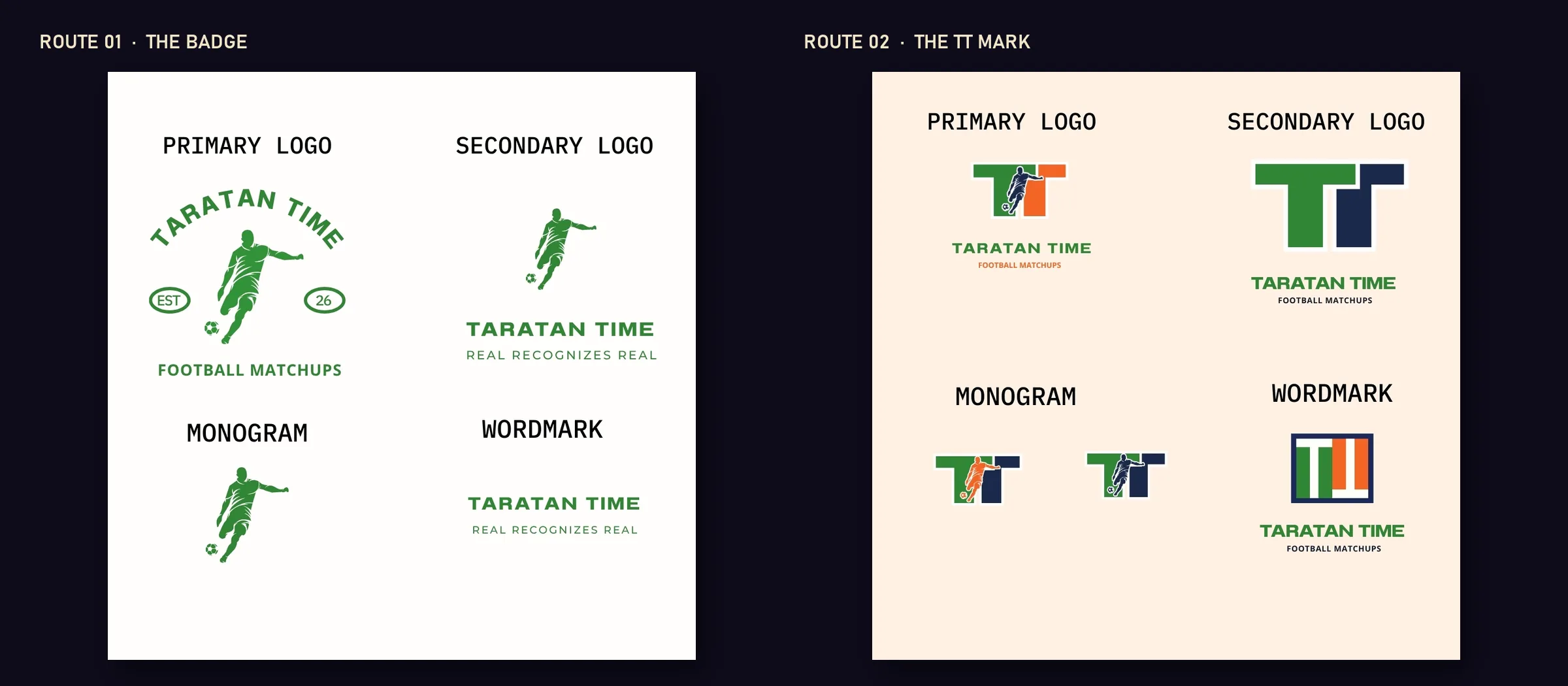 Two logo routes for TARATAN TIME side by side: a round badge and a TT mark