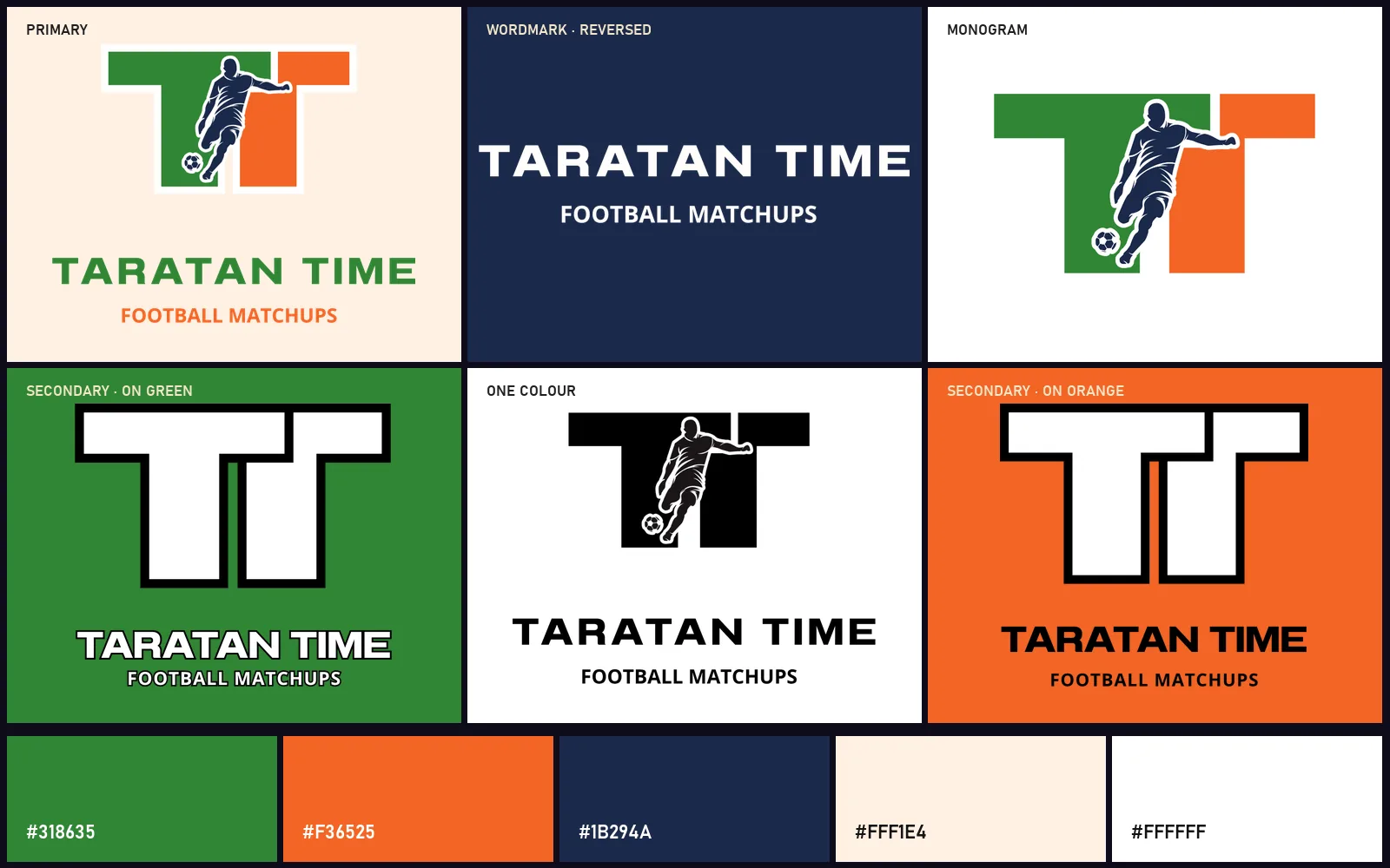 TARATAN TIME logo on cream, navy, white, green and orange, with the colour palette